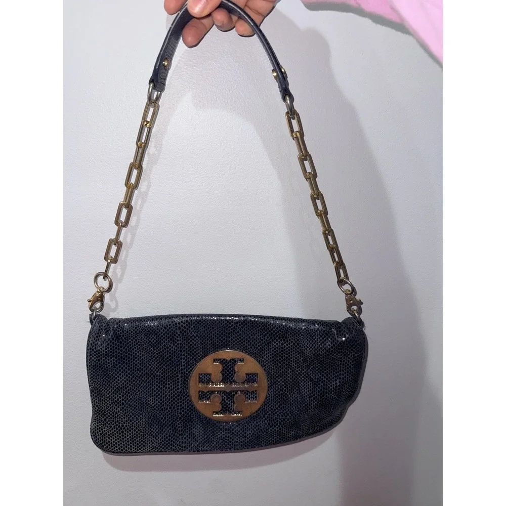 Tory Burch‎ Reva Clutch Blue Leather Snakeskin Print Chain Handbag Bag L